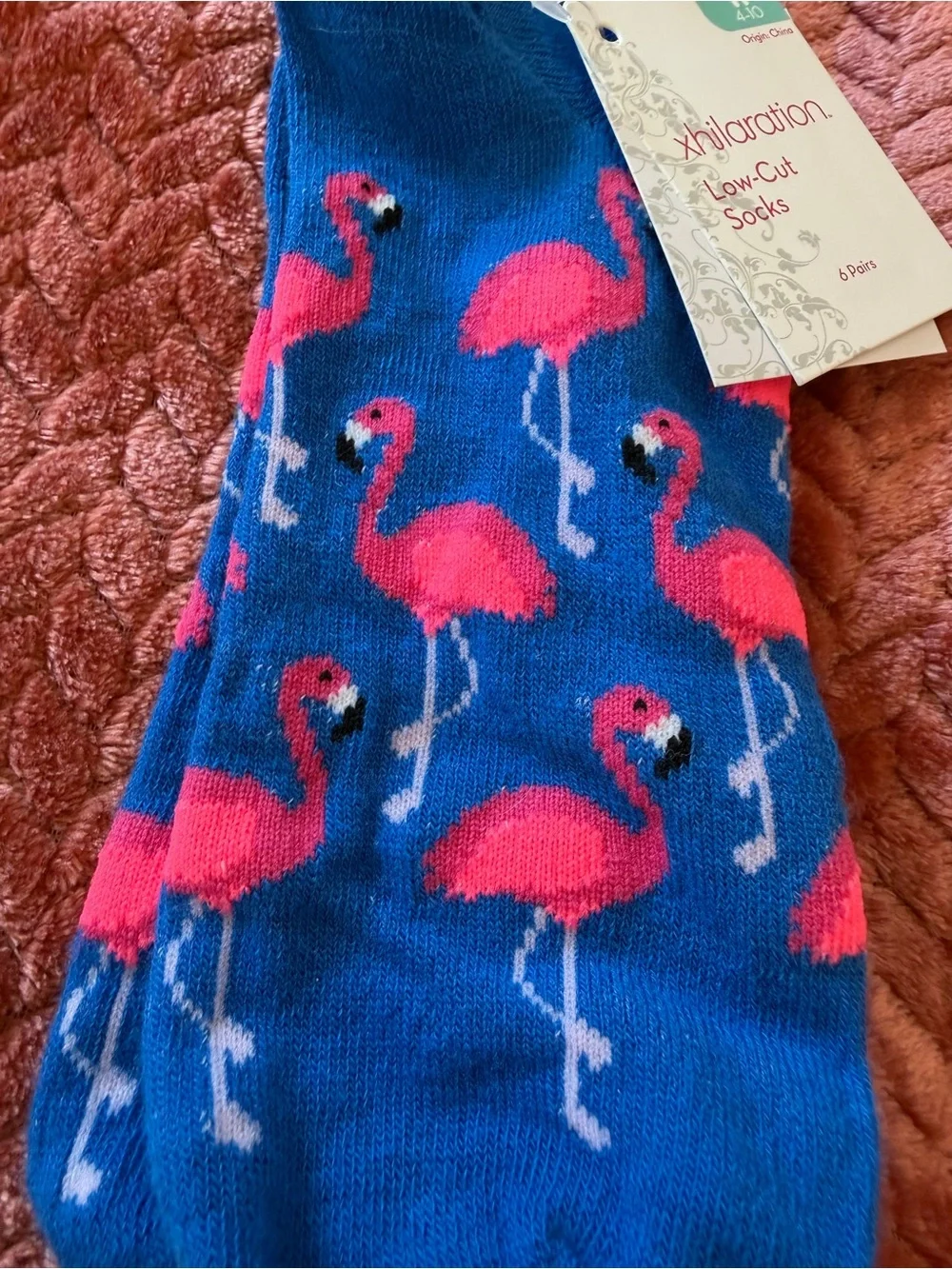 Bright Blue Low-Cut Socks with Pink Flamingos